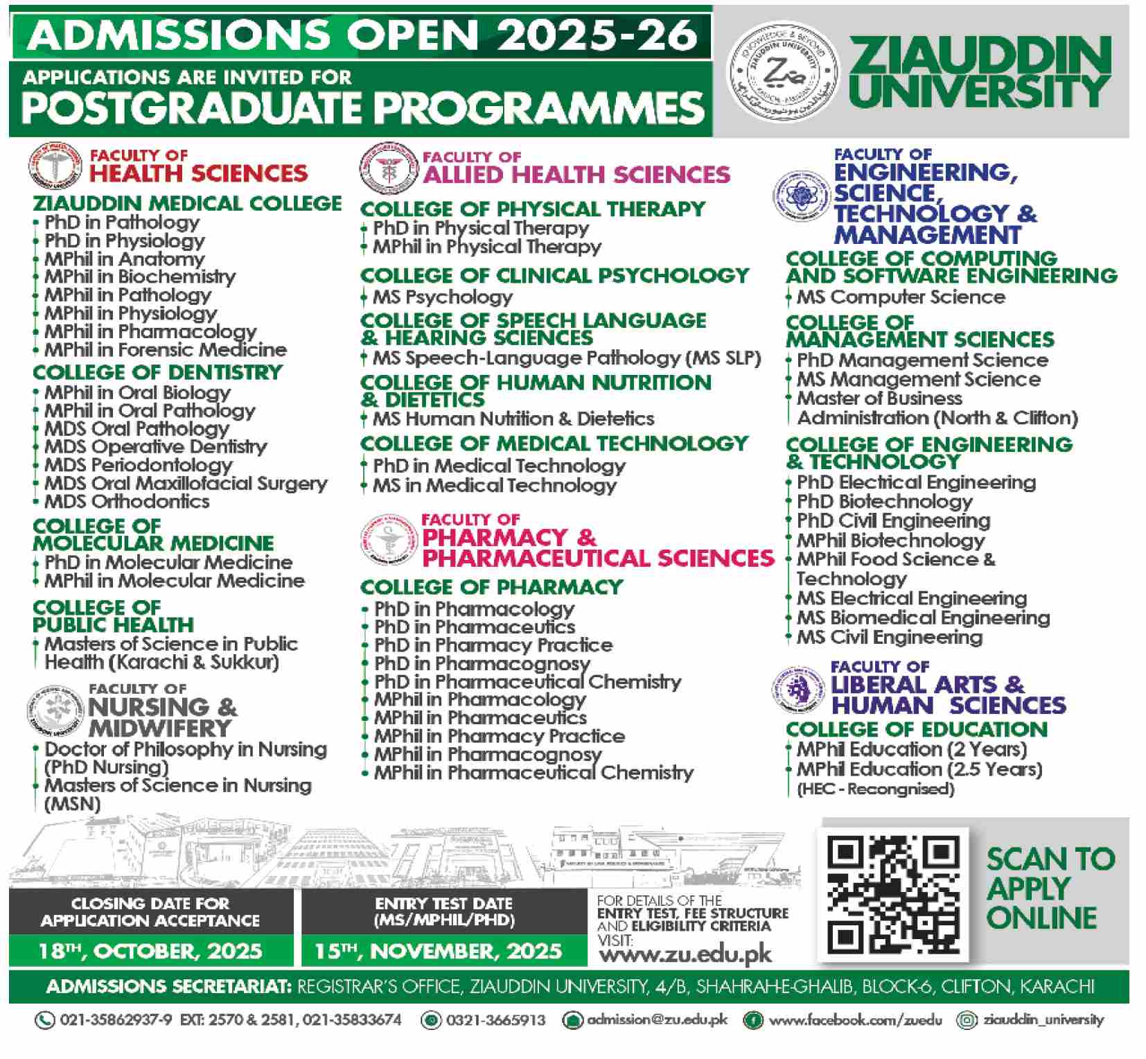 Admission Open in Ziauddin University Karachi